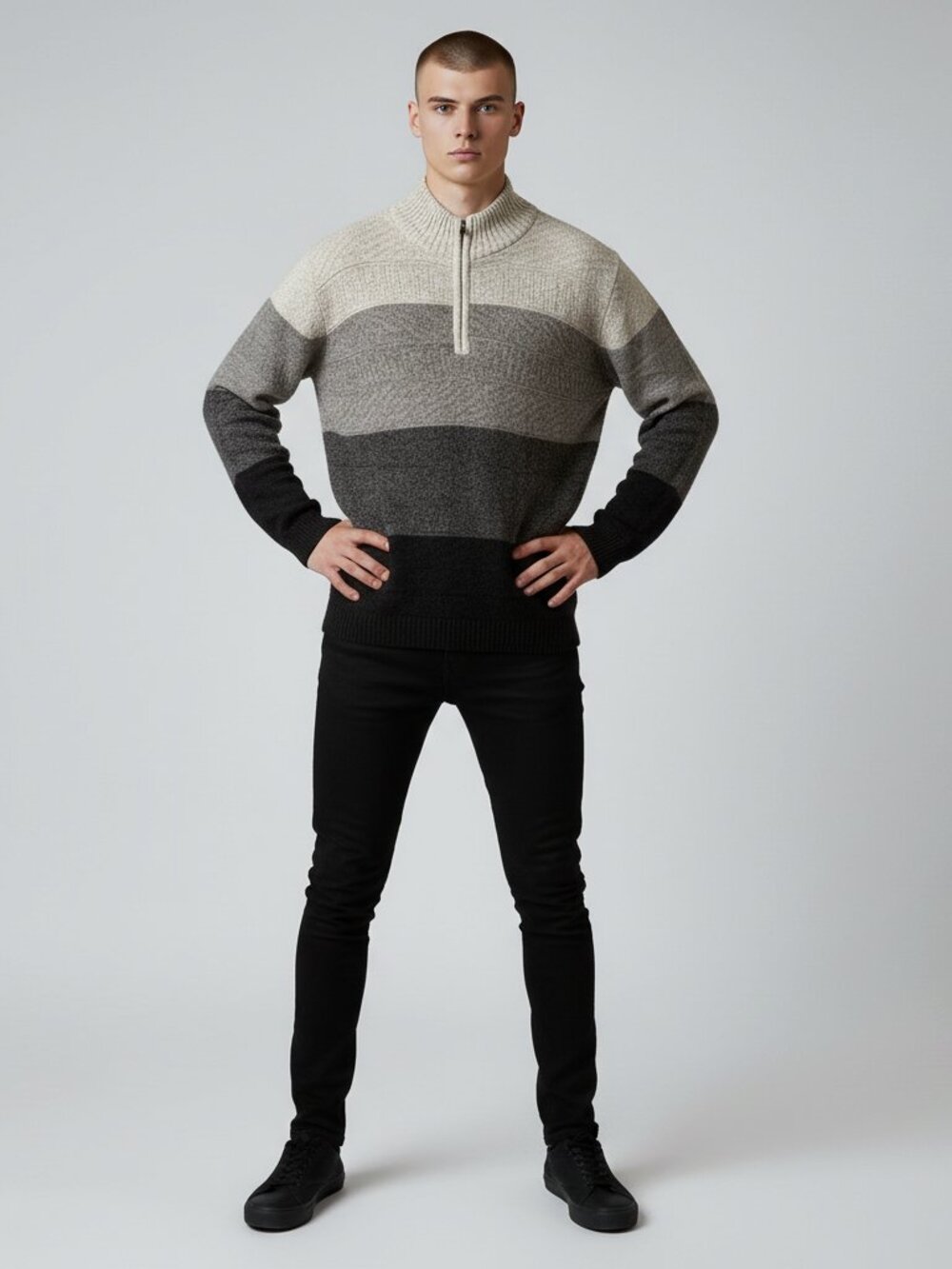 Commerce Men’s XXL Quarter Zip Sweater Black Gray Cable Knit Pullover 2XL